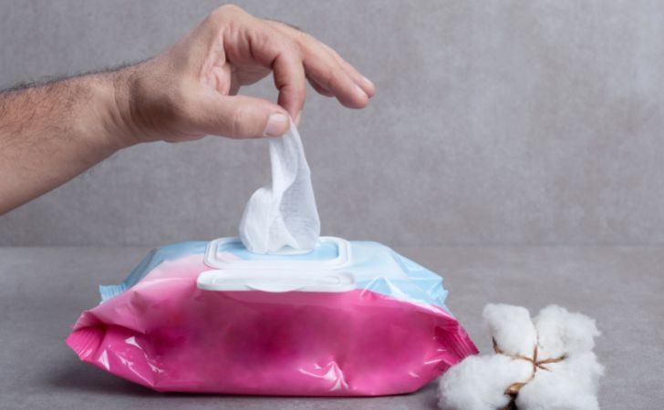 A person getting a piece of wet wipe