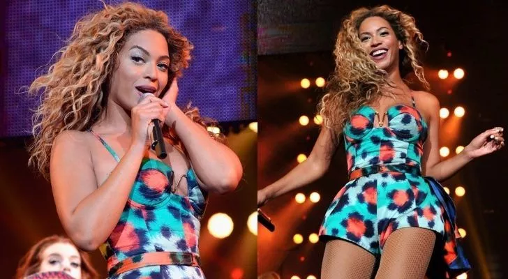 Beyoncé wearing a Kenzo outfit while singing on stage