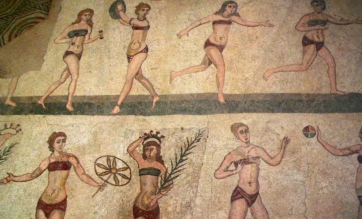 A 4th century Sicilian mosaic depicting girls wearing bikinis playing ball games and relaxing